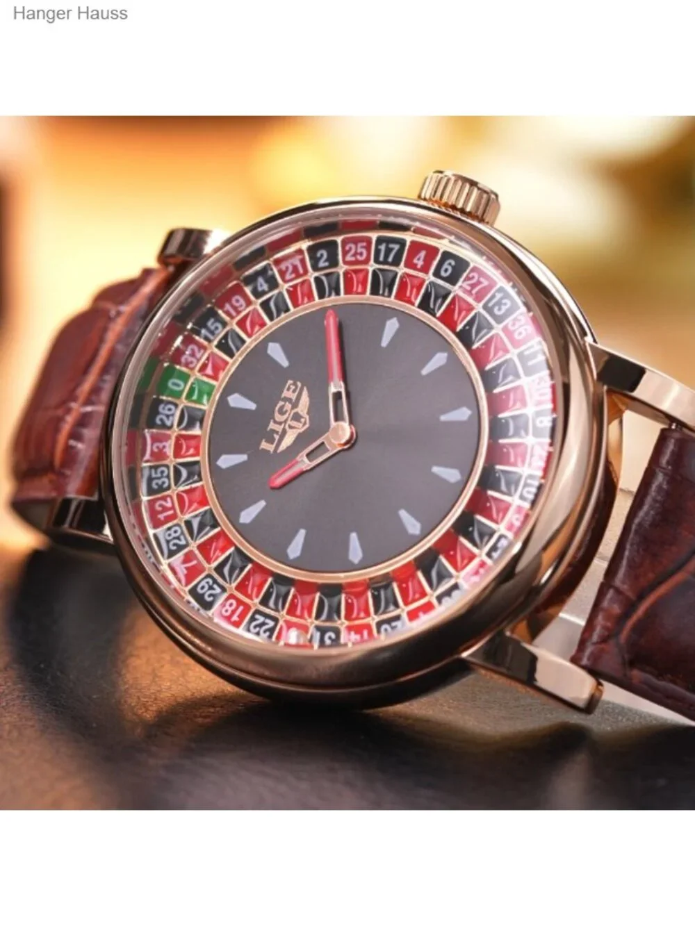 Men's Roulette Quartz Watch with Ball, Waterproof Leather Strap